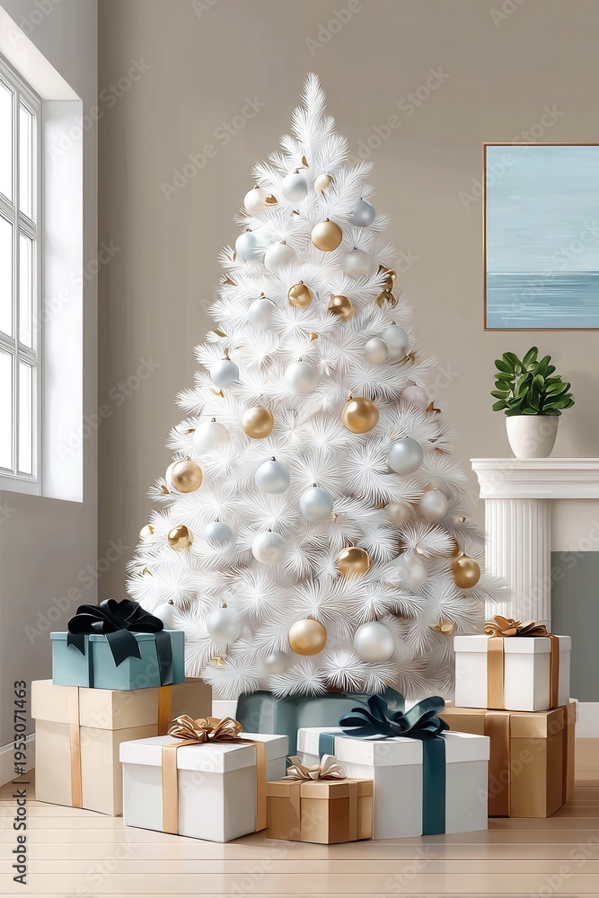 Obraz premium Elegant white Christmas tree with gold and silver ornaments and wrapped gifts in modern living room