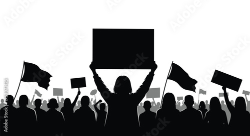 A crowd of people protesting with signs and flags on a white background for activism concepts