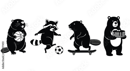 Black silhouettes of beaver, raccoons, gophers, and bear doing sports and holding food on a white background for animal and humor concepts