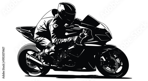 Silhouette of a motorcyclist riding a bike with a helmet and jacket on a white background silhouette