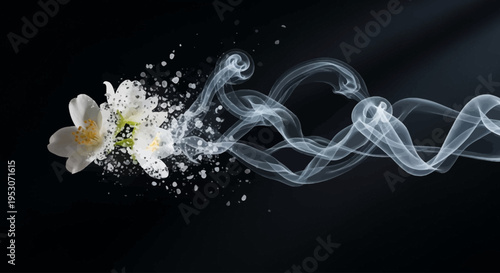 Fragrant Bloom and Whispering Smoke: An artistic display of a delicate white flower gracefully dissolving into ethereal smoke, creating a captivating visual symphony of nature's transient beauty.