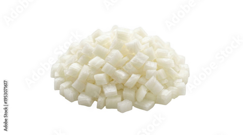 A pristine heap of freshly diced white onions sits against a solid black background under bright studio lighting accentuating their crisp texture and 
