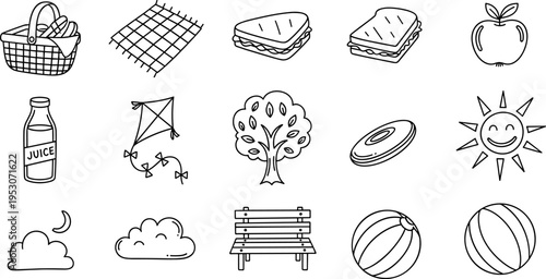 Collection of hand-drawn picnic and outdoor activity icons for summer fun