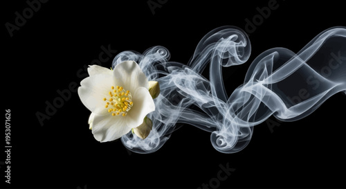 Jasmine's Vaporous Dance: A jasmine flower delicately emerges from swirling smoke, a visual poem of nature's beauty and ethereal transformation.