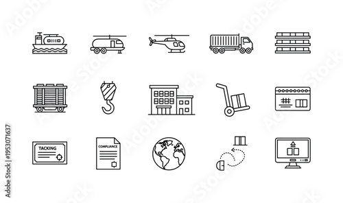 Ocean tanker, transport helicopter, articulated trailer, cargo tram carriage, wooden pallet stack, storage depot building, loading