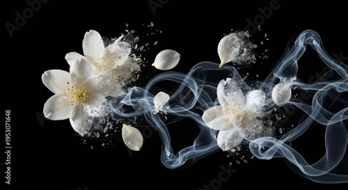 Elegant Jasmine Aroma: A serene composition showcases delicate white jasmine blooms intertwined with wisps of ethereal smoke, petals, and crystalline particles.