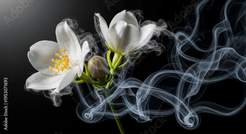 Ephemeral Elegance: Delicate white blossoms, intertwined with ethereal smoke, create a sensory symphony of fragrance and beauty, evoking a sense of tranquility and ephemeral wonder.