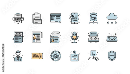 Online content file pack, desktop software window, smartphone utility screen, network database cloud, digital magazine page,