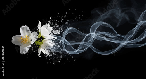 Jasmine and Smoke Dance: Delicate jasmine blossom gracefully entwined with ethereal smoke, dancing in harmony against a dark background, evoking a sense of mystique and tranquility.