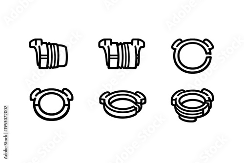 A set of six black and white line icons depicting mechanical hose
