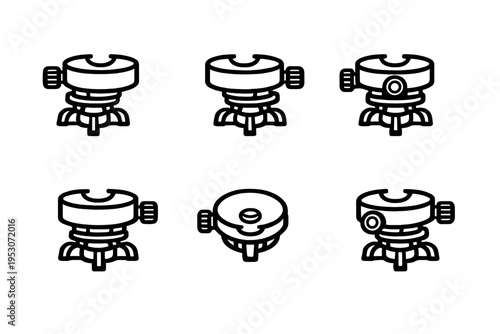 A set of six minimalist line art icons depicting a surveying tribrach