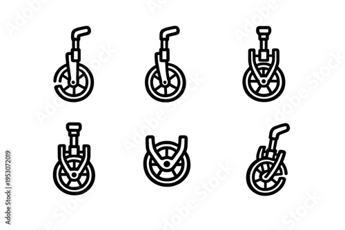 A collection of six minimalist black line icons representing various