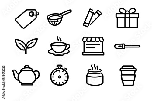A collection of twelve minimalist black line icons related to tea