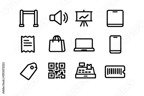 A collection of twelve minimalist black line icons representing