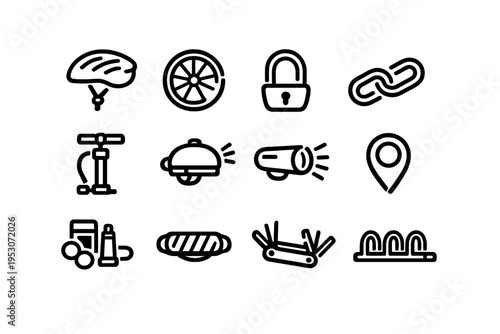 A collection of twelve minimalist black line icons representing