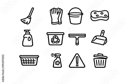 A set of twelve black and white line art icons depicting various