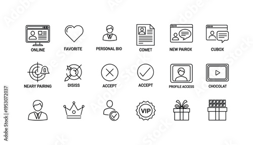Online romance platform display, favorite selection heart, personal bio sheet, conversation inbox window, new pairing notification