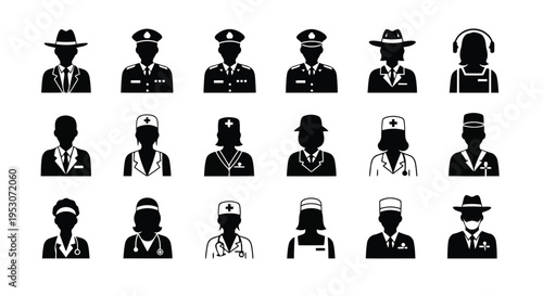 Diverse collection of stylized silhouettes wearing various hats and headgear
