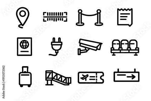 A collection of twelve minimalist black line icons representing