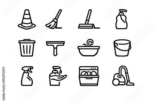 A collection of twelve cleaning and hygiene icons in a bold black