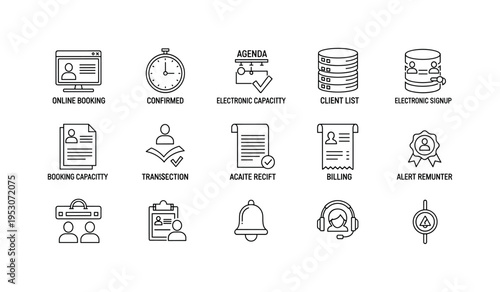 Online scheduling system panel, confirmed booking mark, agenda timeline clock, client list database, booking capacity indicator,