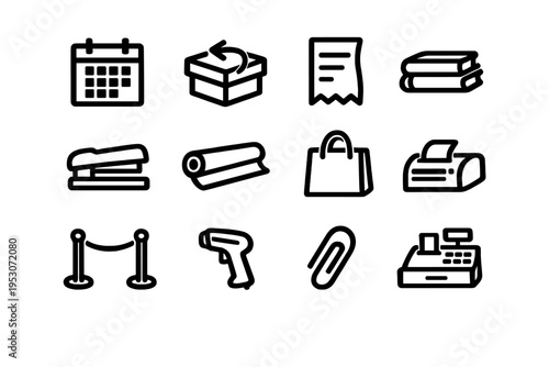 A collection of twelve hand-drawn retail and office icons in a thick