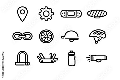 A set of twelve minimalist line icons representing bicycle