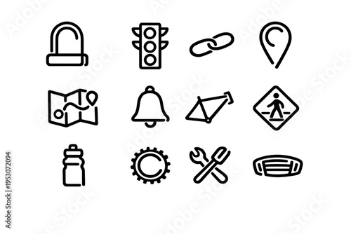 A set of twelve minimalist black line icons representing cycling and