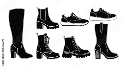 Variety of stylish boots and shoes featuring different designs and heights for fashion enthusiasts