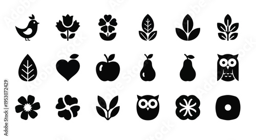 Black and white icons featuring nature-themed symbols and animals
