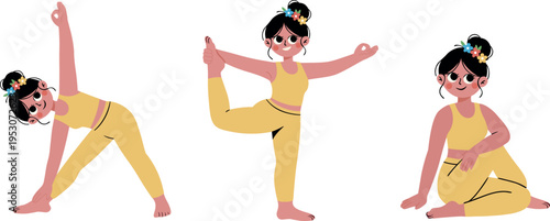 Flat vector illustration of a woman performing various yoga poses and asanas, perfect for wellness apps, fitness blogs, and meditation guides