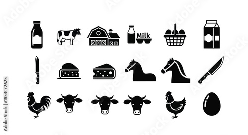 Collection of farm animals, tools, and dairy products icons