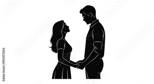 Silhouette of a romantic couple holding hands in love