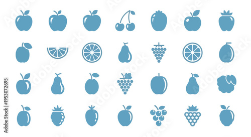 Colorful collection of various stylized fruit icons in blue and white tones