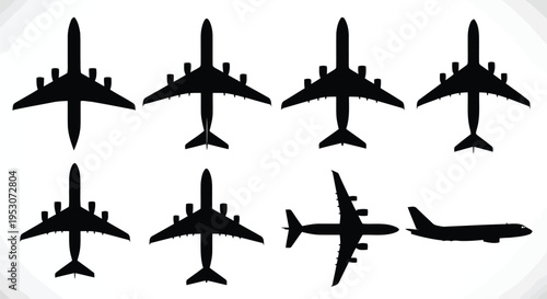 Variety of aircraft silhouettes in black and white design layout