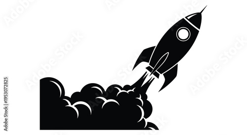 Rocket ship silhouette blasting off into space with flames and smoke
