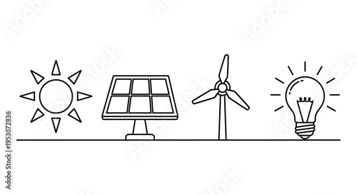 Renewable energy sources silhouette sun solar panel wind turbine light bulb