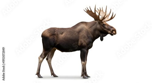 Majestic moose with large antlers standing alone isolated on white background in a natural pose