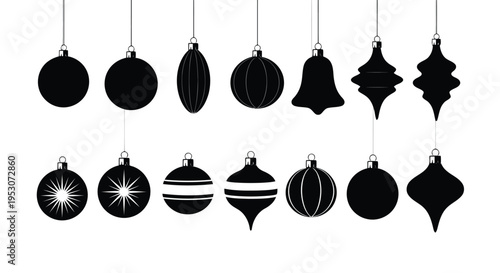 Elegant assortment of black christmas ornaments hanging on display