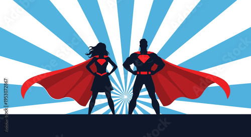 Superhero couple in silhouette with red capes against a blue sunburst background silhouette