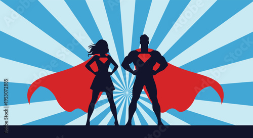 Superhero silhouette duo standing against radiant blue background with red capes