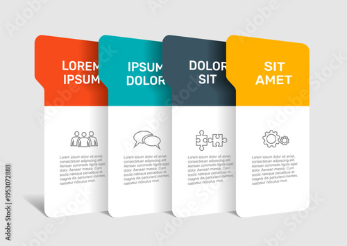 Infographic with icons, headings, and text blocks in colorful layered design for business, presentation, or data visualization. Vector illustration.