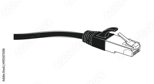 Silhouette of a black ethernet cable with rj45 connector on a white background
