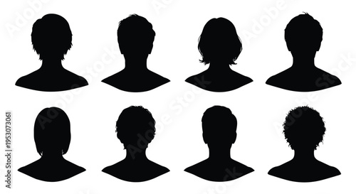Arrangement of eight stylized silhouette heads in a two-by-four grid formation