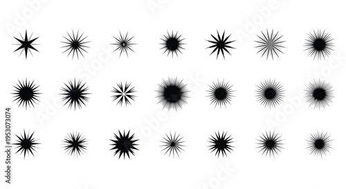 A collection of abstract geometric starburst patterns with varying complexity and density