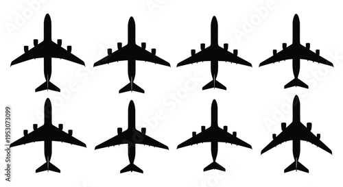 Collection of eight diverse aircraft silhouettes in black and white design