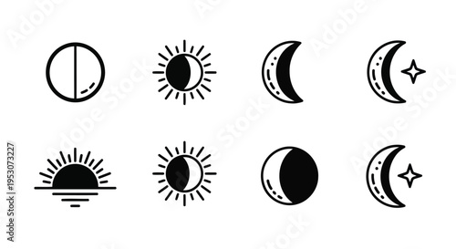 Eight distinct moon and sun phase symbols in black and white graphic style