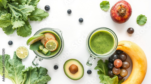 glass jar mugs with green health smoothie, kale leaves, lime, apple, kiwi, grapes, banana, avocado, and lettuce. A film-like composition and lighting 