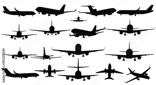 Diverse collection of silhouetted aircraft designs from various eras and purposes