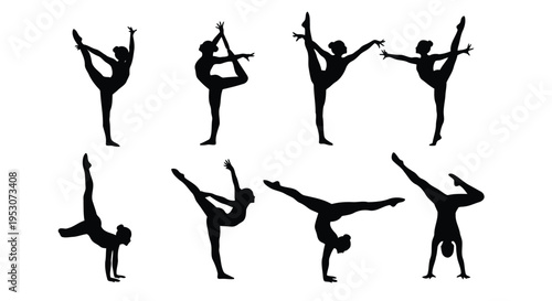 Dynamic silhouettes of gymnasts performing various acrobatic and balancing poses